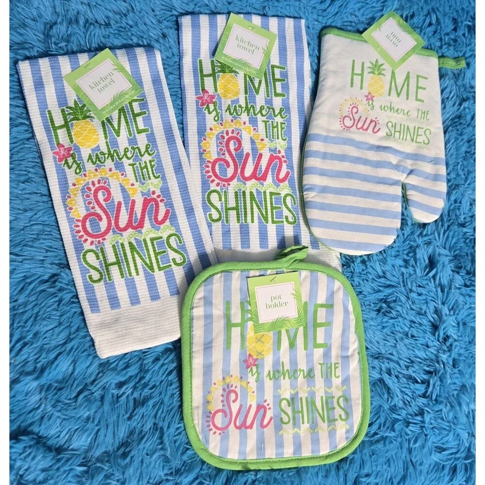 4pc Home is Where the Sun Shines Kitchen Set: Oven Mitt Potholder + 2 Towels
